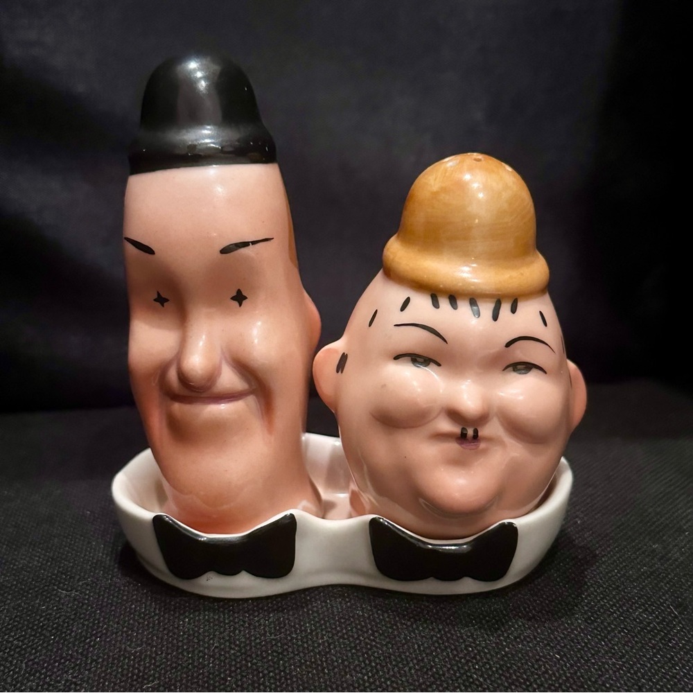 Vintage 1953 Laurel & Hardy Salt & Pepper 3 piece set Dresden Porcelain,Germany.